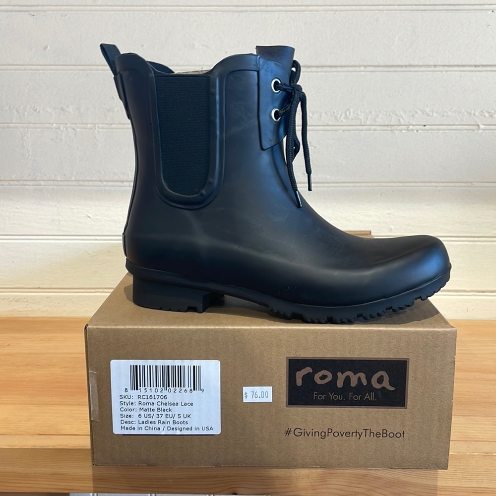 Roma Rain Boots Chelsea Lace Matte Black